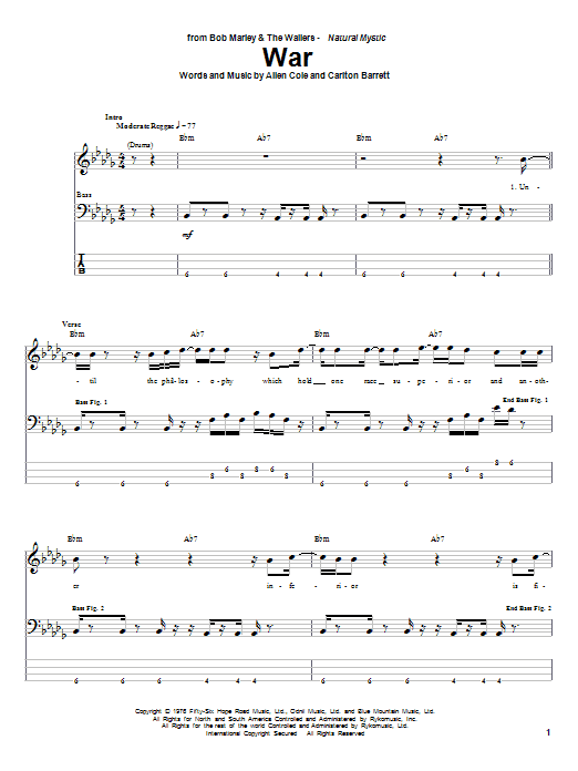 Bob Marley War Sheet Music Notes & Chords for Bass Guitar Tab - Download or Print PDF