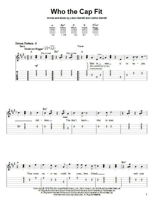 Bob Marley Who The Cap Fit Sheet Music Notes & Chords for Easy Guitar Tab - Download or Print PDF