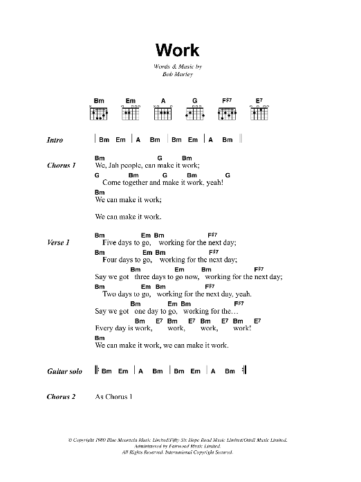 Bob Marley Work Sheet Music Notes & Chords for Lyrics & Chords - Download or Print PDF