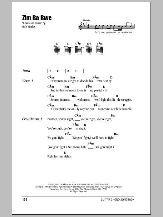 Bob Marley Zim Ba Bwe Sheet Music Notes & Chords for Lyrics & Chords - Download or Print PDF