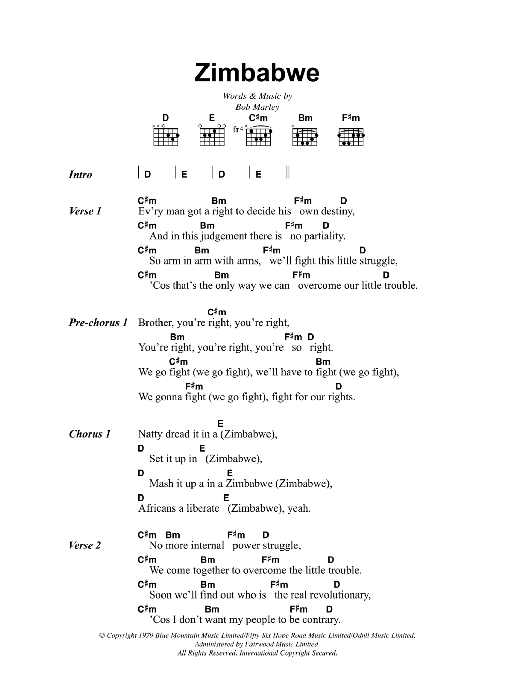 Bob Marley Zimbabwe Sheet Music Notes & Chords for Lyrics & Chords - Download or Print PDF