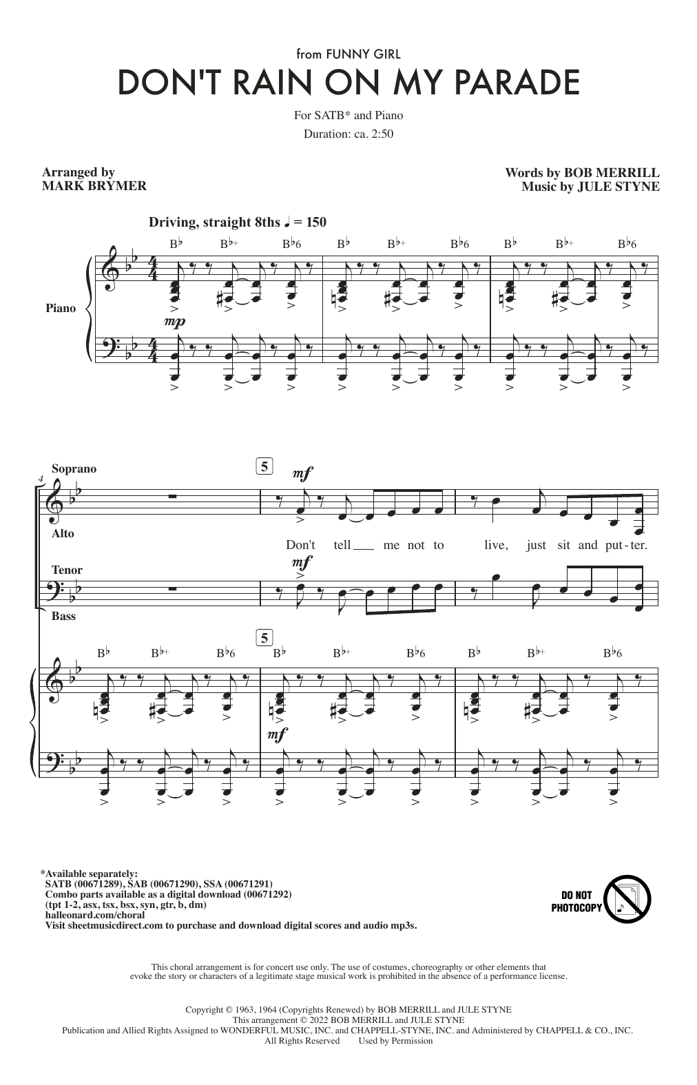 Bob Merrill & Jule Styne Don't Rain On My Parade (from Funny Girl) (arr. Mark Brymer) Sheet Music Notes & Chords for SAB Choir - Download or Print PDF