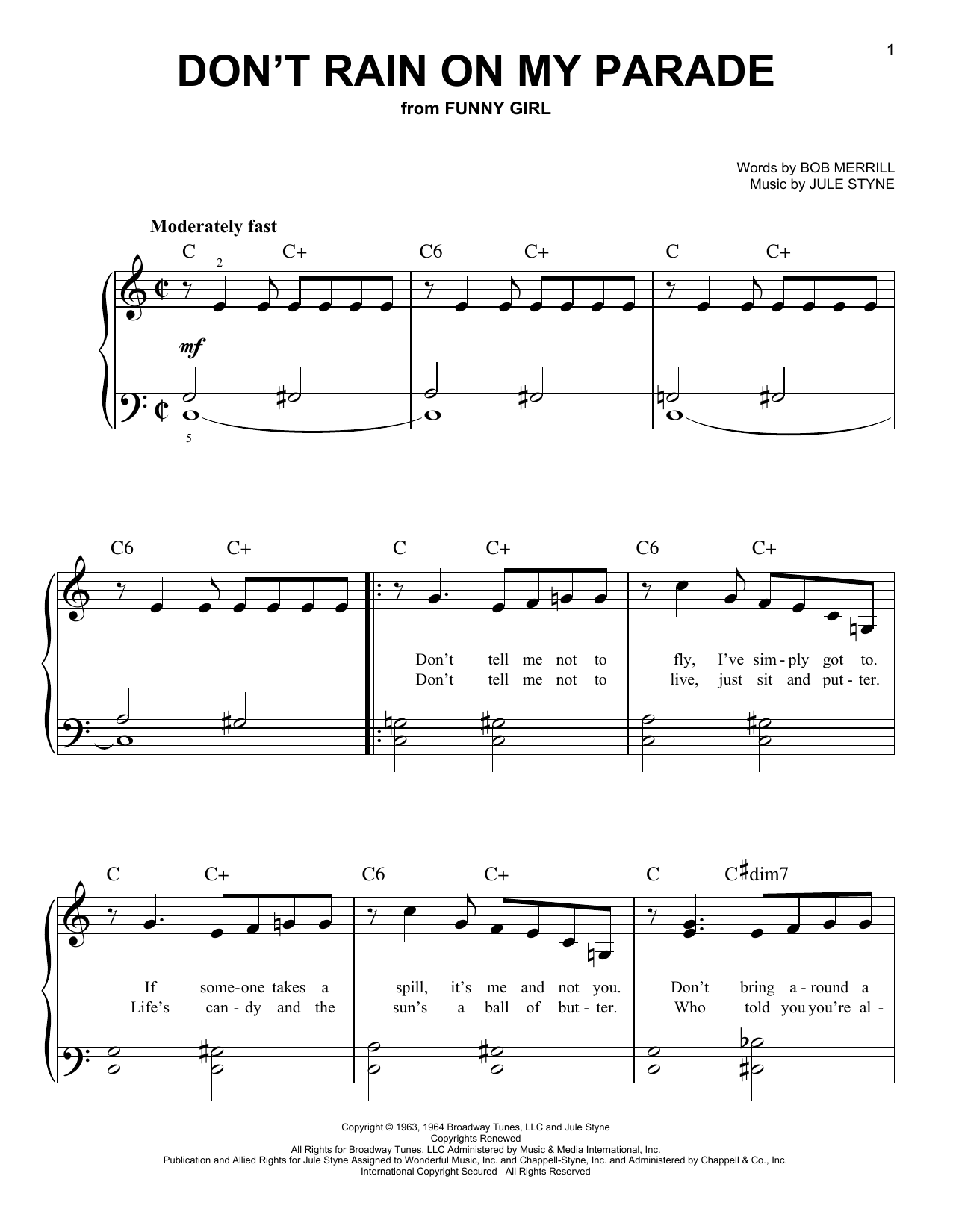 Bob Merrill & Jule Styne Don't Rain On My Parade (from Funny Girl) Sheet Music Notes & Chords for Very Easy Piano - Download or Print PDF