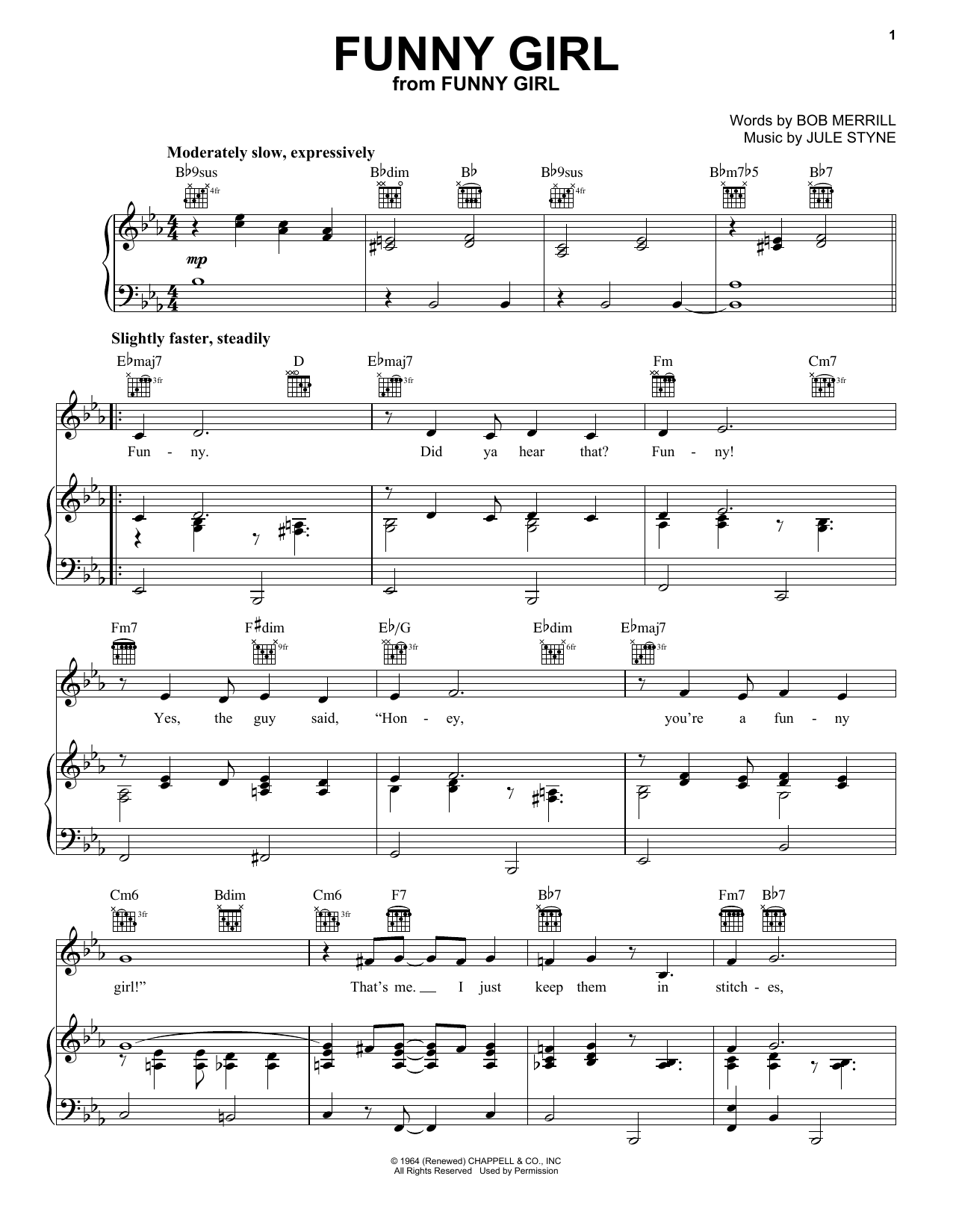 Bob Merrill & Jule Styne Funny Girl Sheet Music Notes & Chords for Piano, Vocal & Guitar (Right-Hand Melody) - Download or Print PDF
