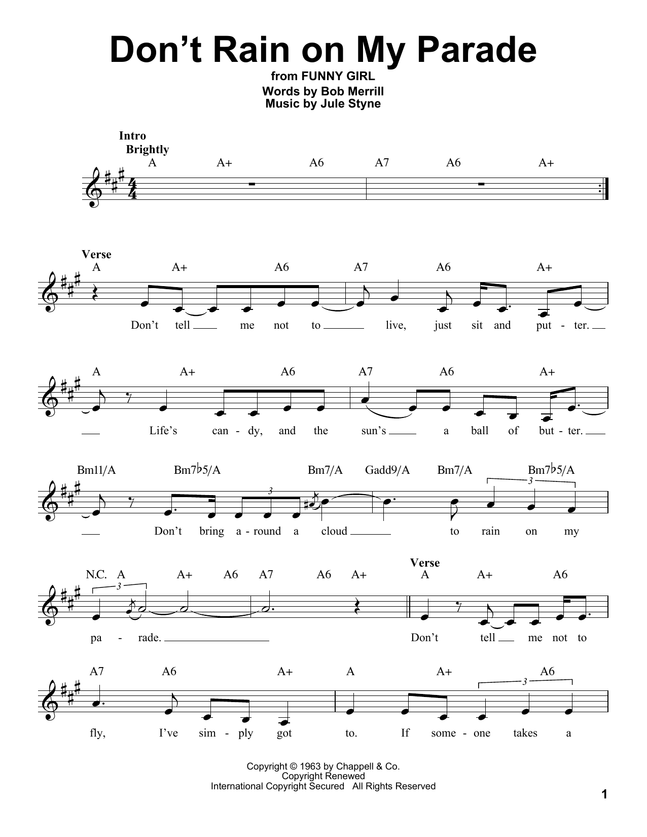 Bob Merrill Don't Rain On My Parade Sheet Music Notes & Chords for Piano, Vocal & Guitar (Right-Hand Melody) - Download or Print PDF