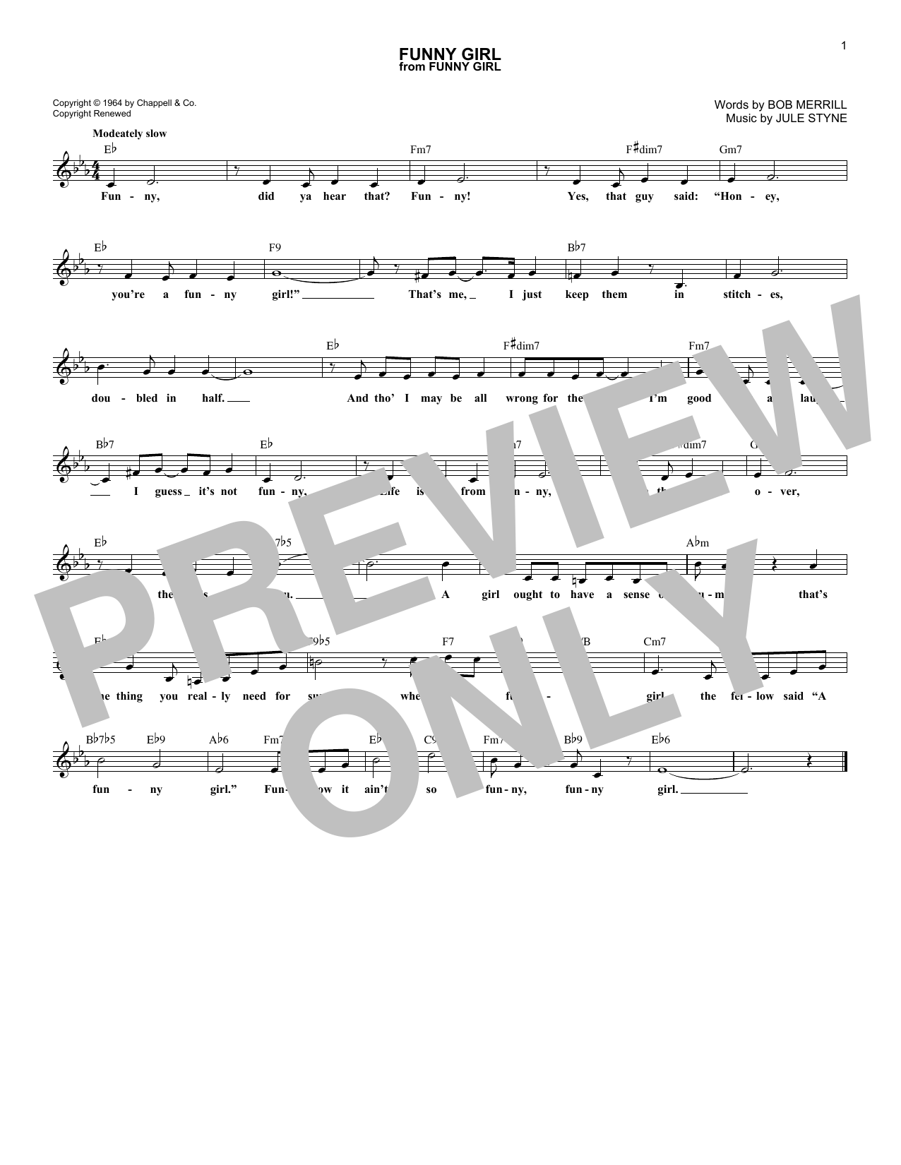 Bob Merrill Funny Girl Sheet Music Notes & Chords for Melody Line, Lyrics & Chords - Download or Print PDF