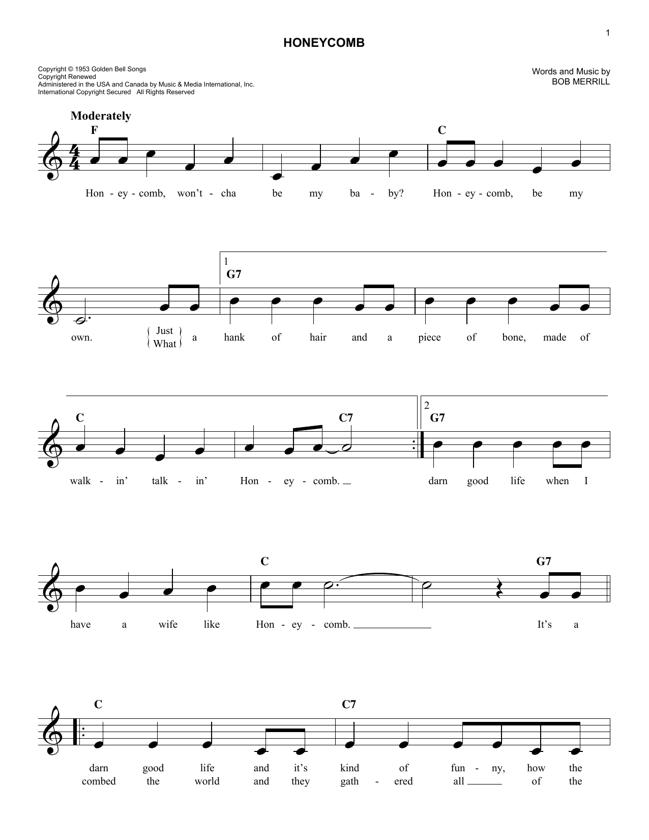 Bob Merrill Honeycomb Sheet Music Notes & Chords for Melody Line, Lyrics & Chords - Download or Print PDF