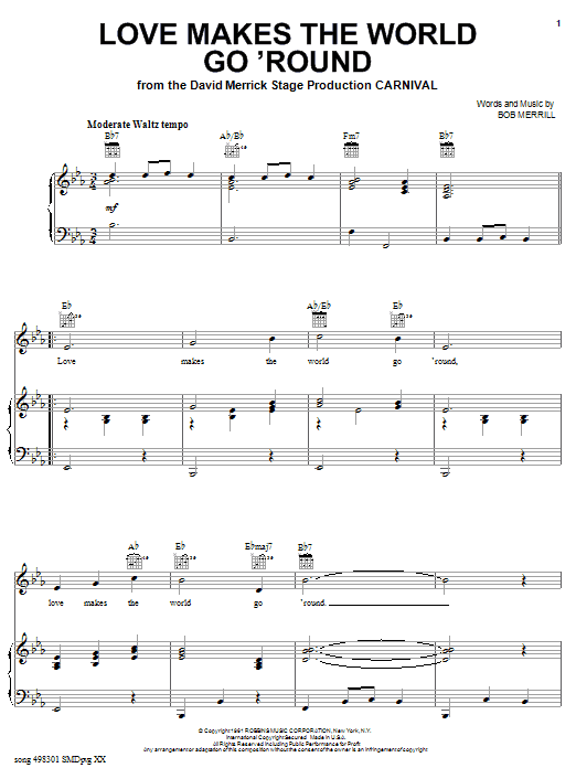 Bob Merrill Love Makes The World Go 'round Sheet Music Notes & Chords for Piano, Vocal & Guitar (Right-Hand Melody) - Download or Print PDF