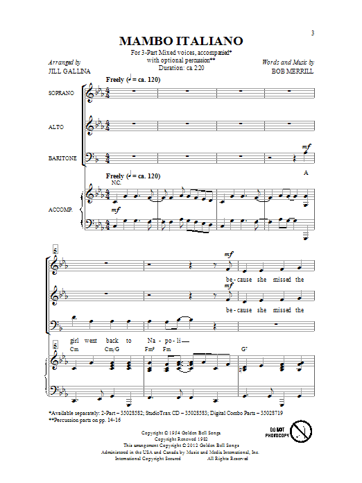 Bob Merrill Mambo Italiano (arr. Jill Gallina) Sheet Music Notes & Chords for 3-Part Mixed - Download or Print PDF