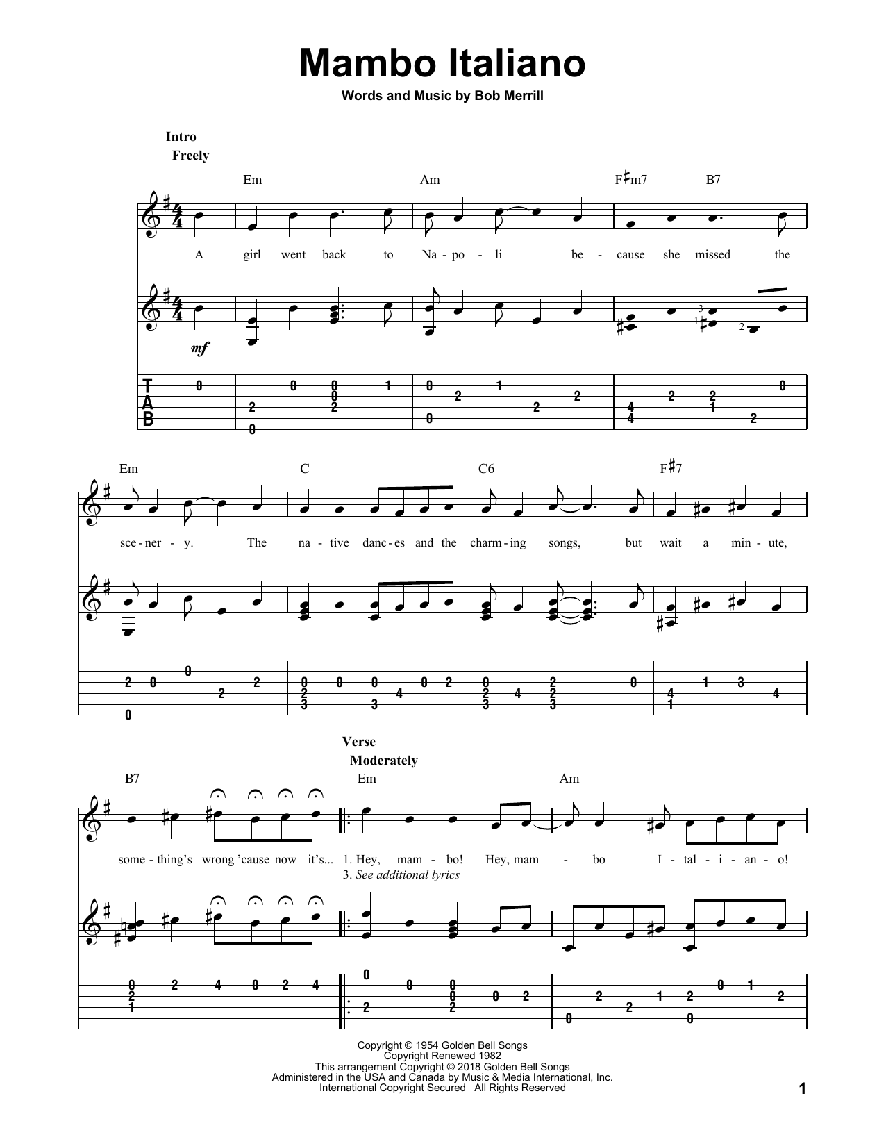 Bob Merrill Mambo Italiano Sheet Music Notes & Chords for Guitar Tab - Download or Print PDF