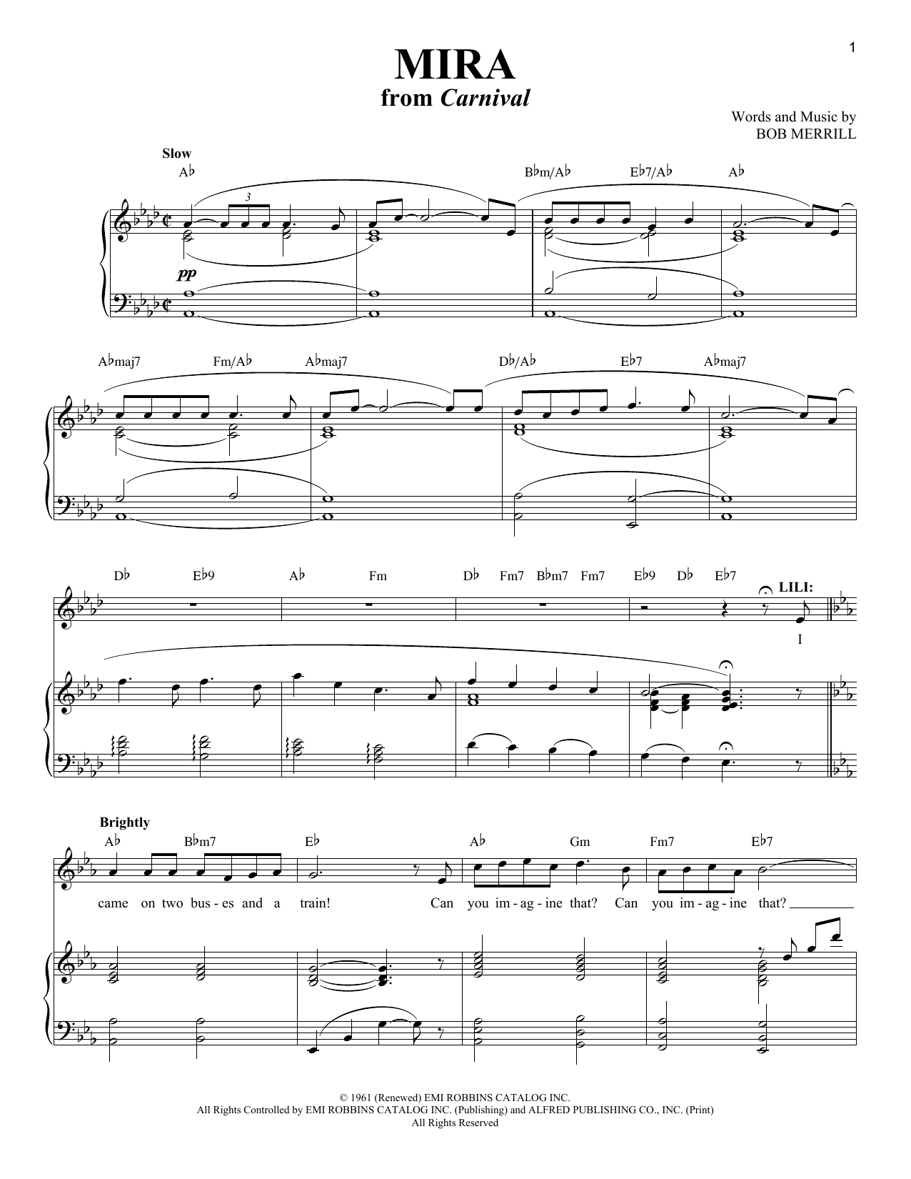 Bob Merrill Mira (from Carnival) Sheet Music Notes & Chords for Piano & Vocal - Download or Print PDF