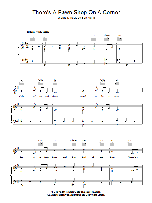 Bob Merrill There's A Pawn Shop On A Corner (In Pittsburgh Pennsylvania) Sheet Music Notes & Chords for Piano, Vocal & Guitar (Right-Hand Melody) - Download or Print PDF Bob Merrill There's A Pawn Shop On A Corner (In Pittsburgh Pennsylvania) Sheet Music Notes & Chords for Piano, Vocal & Guitar (Right-Hand Melody) - Download or Print PDF