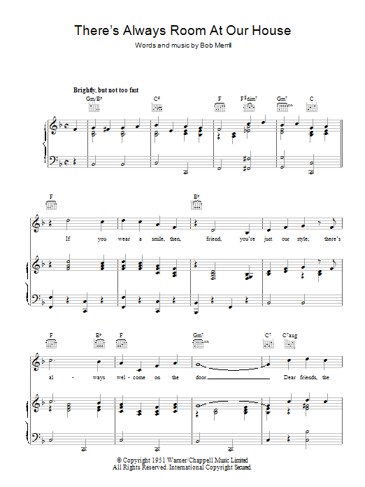 Bob Merrill There's Always Room At Our House Sheet Music Notes & Chords for Piano, Vocal & Guitar (Right-Hand Melody) - Download or Print PDF