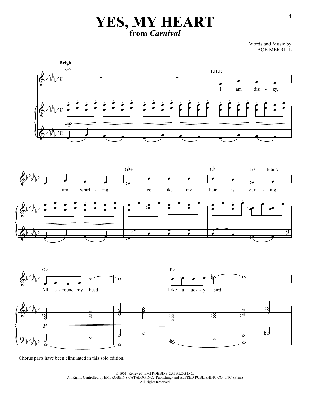 Bob Merrill Yes, My Heart (from Carnival) Sheet Music Notes & Chords for Piano & Vocal - Download or Print PDF