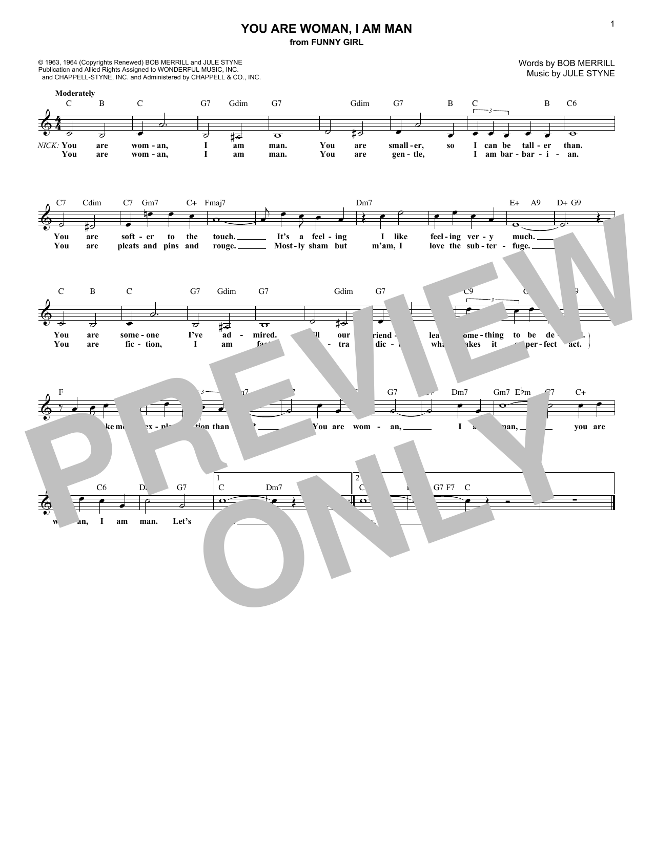 Bob Merrill You Are Woman, I Am Man (from Funny Girl) Sheet Music Notes & Chords for Lead Sheet / Fake Book - Download or Print PDF