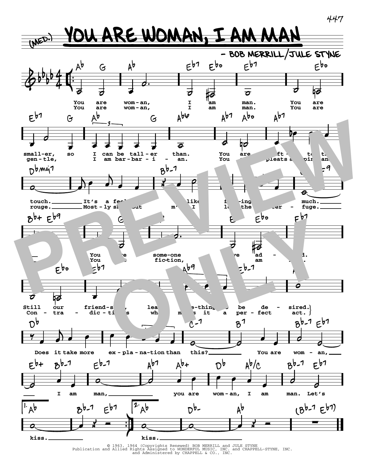 Bob Merrill You Are Woman, I Am Man (Low Voice) Sheet Music Notes & Chords for Real Book – Melody, Lyrics & Chords - Download or Print PDF