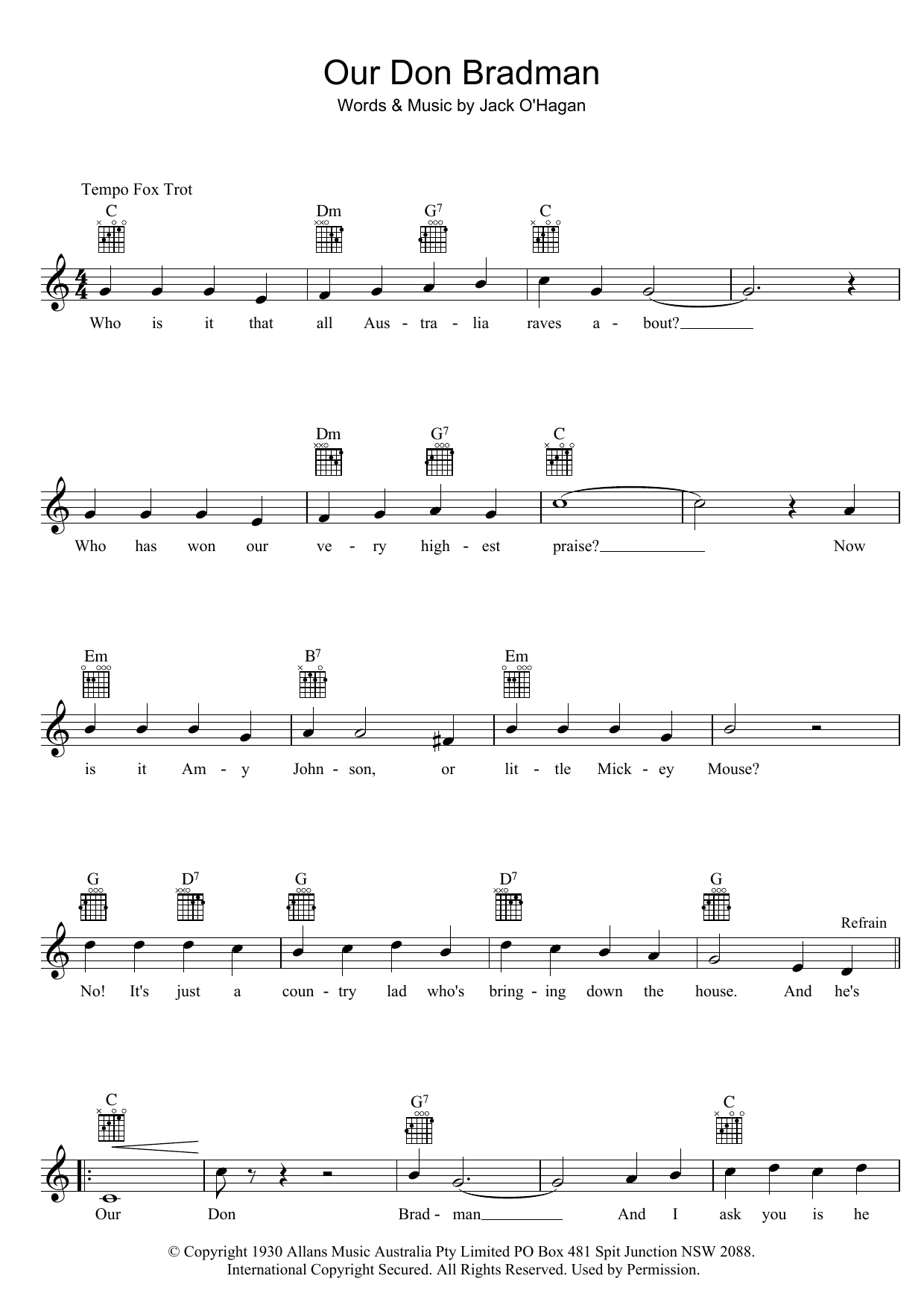 Bob Molyneux Our Don Bradman Sheet Music Notes & Chords for Melody Line, Lyrics & Chords - Download or Print PDF