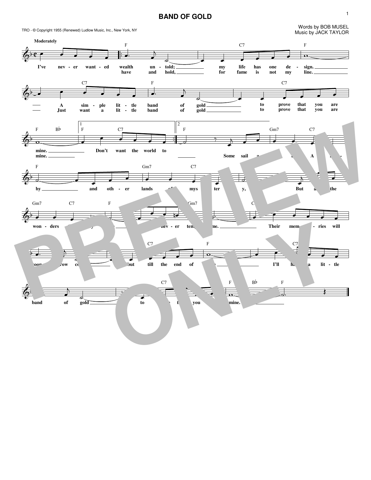 Jack Taylor Band Of Gold Sheet Music Notes & Chords for Melody Line, Lyrics & Chords - Download or Print PDF