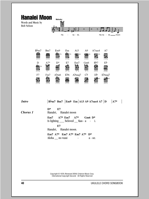 Bob Nelson Hanalei Moon Sheet Music Notes & Chords for Piano, Vocal & Guitar (Right-Hand Melody) - Download or Print PDF