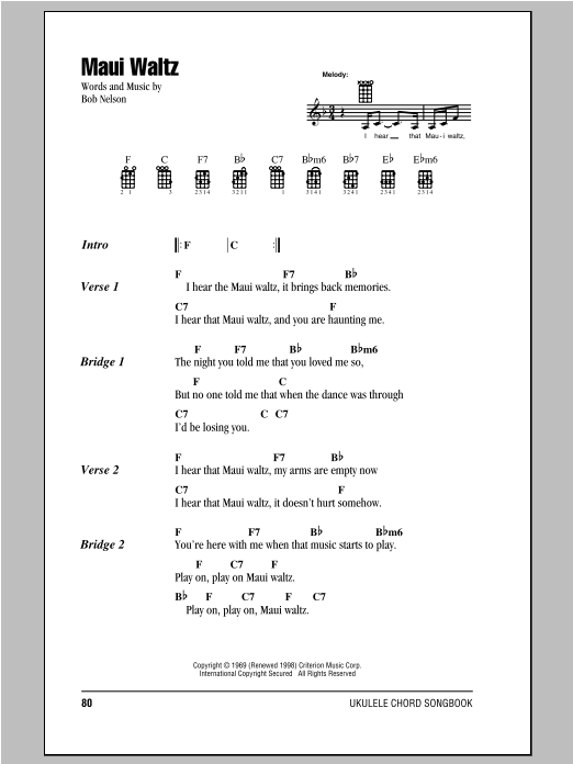 Bob Nelson Maui Waltz Sheet Music Notes & Chords for Piano, Vocal & Guitar (Right-Hand Melody) - Download or Print PDF