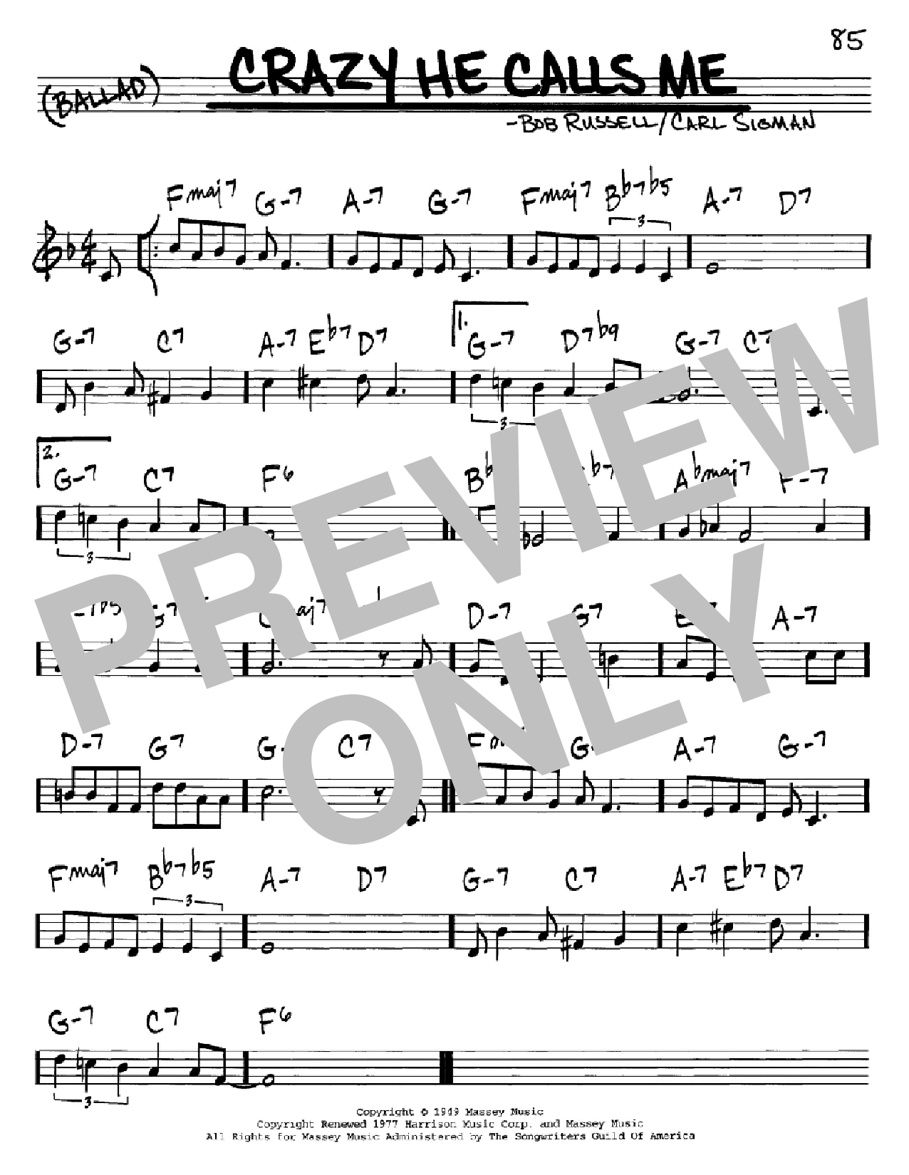 Bob Russell Crazy She Calls Me Sheet Music Notes & Chords for Real Book - Melody, Lyrics & Chords - C Instruments - Download or Print PDF