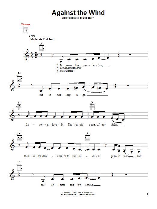Bob Seger & The Silver Bullet Band Against The Wind Sheet Music Notes & Chords for Ukulele - Download or Print PDF