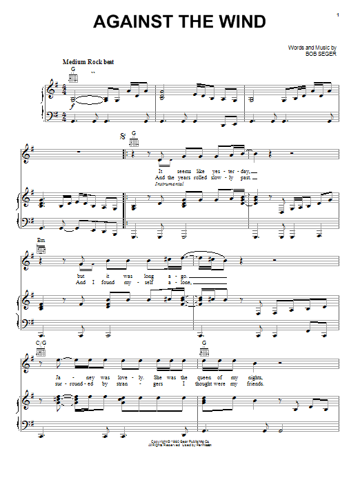 Bob Seger Against The Wind Sheet Music Notes & Chords for Piano, Vocal & Guitar (Right-Hand Melody) - Download or Print PDF