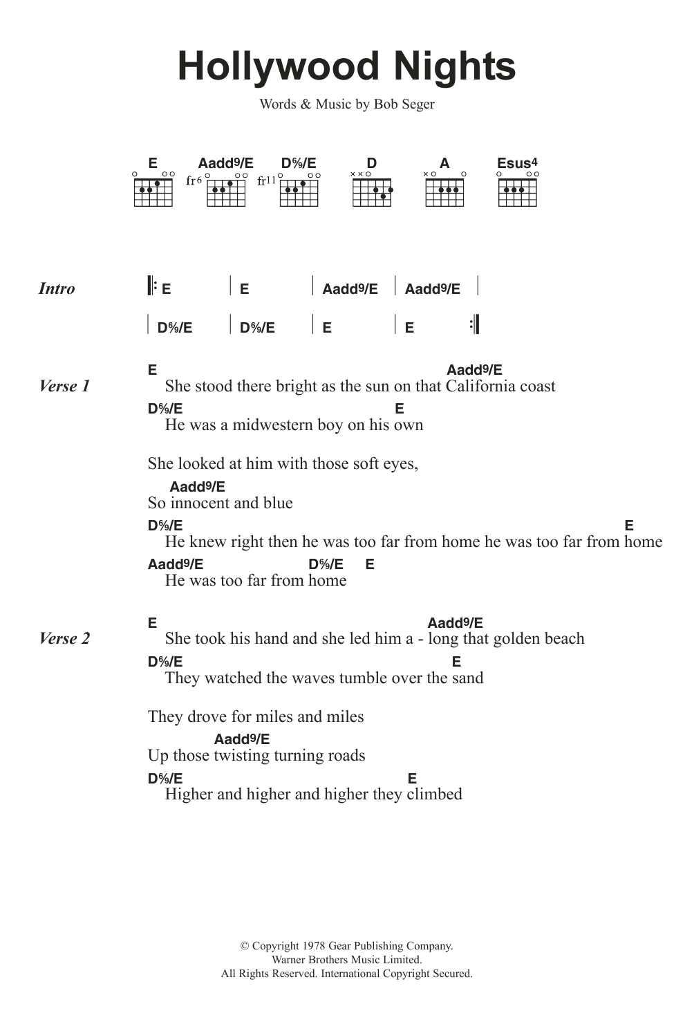 Bob Seger And The Silver Bullet Band Hollywood Nights Sheet Music Notes & Chords for Lyrics & Chords - Download or Print PDF