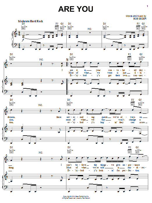 Bob Seger Are You Sheet Music Notes & Chords for Piano, Vocal & Guitar (Right-Hand Melody) - Download or Print PDF