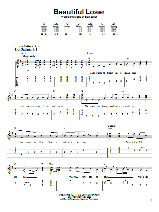 Bob Seger Beautiful Loser Sheet Music Notes & Chords for Easy Guitar Tab - Download or Print PDF