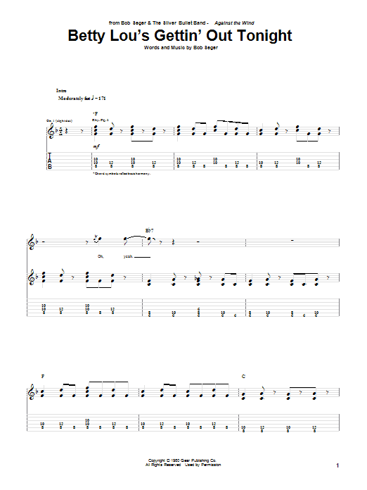 Bob Seger Betty Lou's Gettin' Out Tonight Sheet Music Notes & Chords for Guitar Tab Play-Along - Download or Print PDF