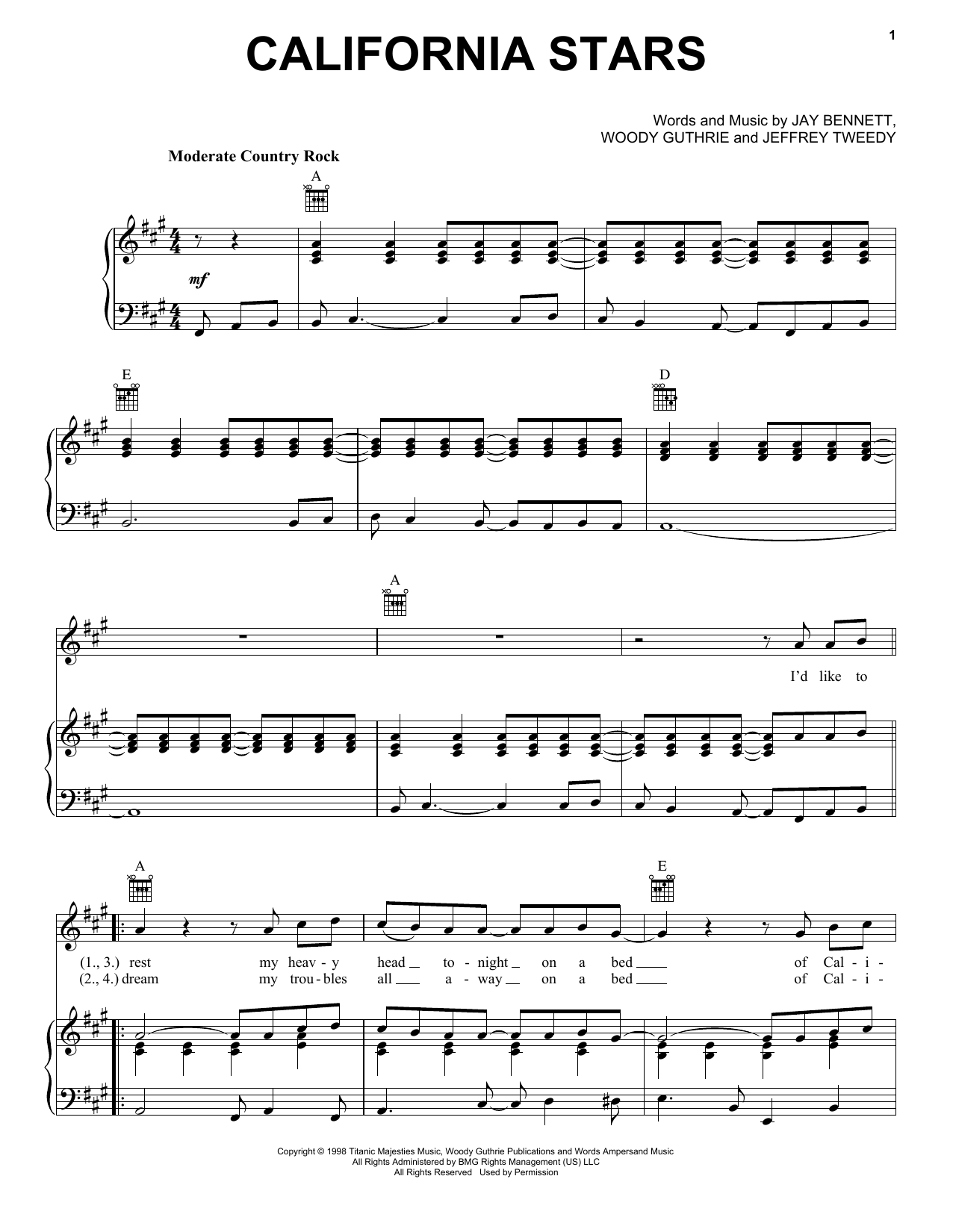 Bob Seger California Stars Sheet Music Notes & Chords for Piano, Vocal & Guitar (Right-Hand Melody) - Download or Print PDF