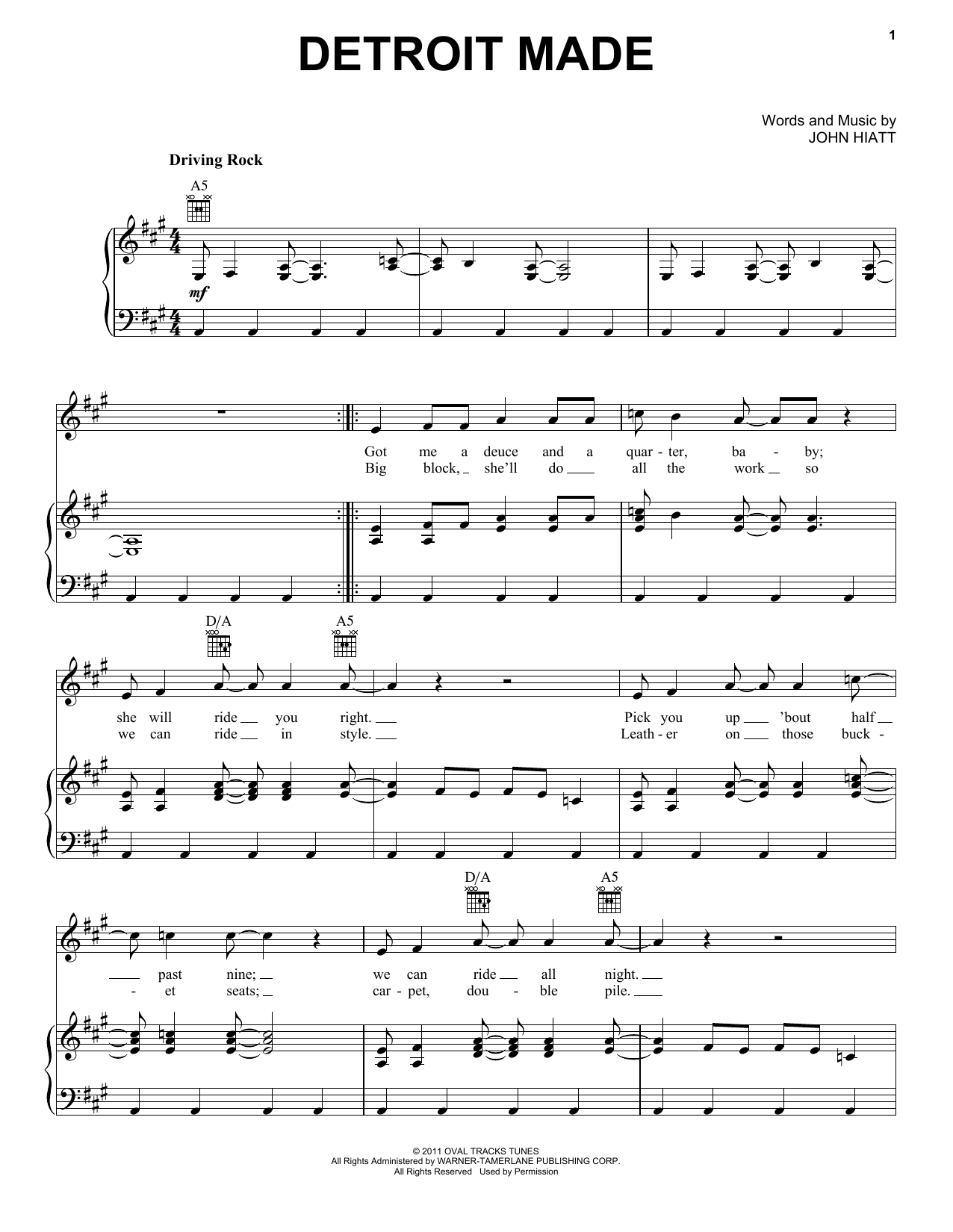 Bob Seger Detroit Made Sheet Music Notes & Chords for Piano, Vocal & Guitar (Right-Hand Melody) - Download or Print PDF