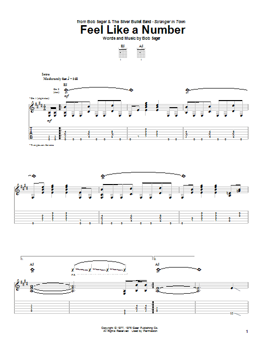 Bob Seger Feel Like A Number Sheet Music Notes & Chords for Guitar Tab (Single Guitar) - Download or Print PDF