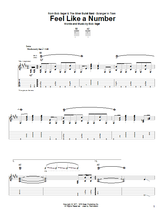 Bob Seger Feel Like A Number Sheet Music Notes & Chords for Guitar Tab - Download or Print PDF