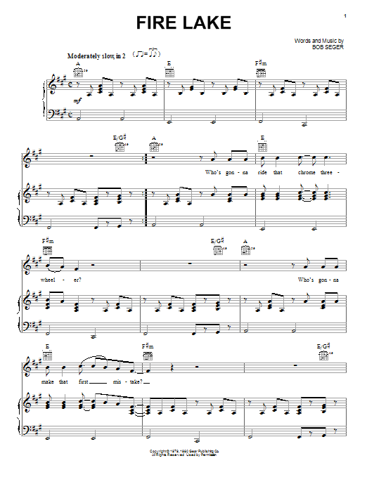 Bob Seger Fire Lake Sheet Music Notes & Chords for Lyrics & Chords - Download or Print PDF