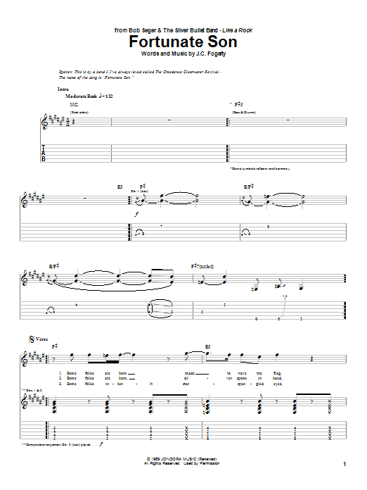 Bob Seger Fortunate Son Sheet Music Notes & Chords for Guitar Tab - Download or Print PDF