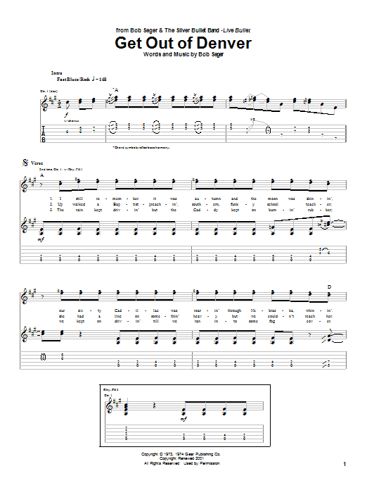 Bob Seger Get Out Of Denver Sheet Music Notes & Chords for Guitar Tab Play-Along - Download or Print PDF