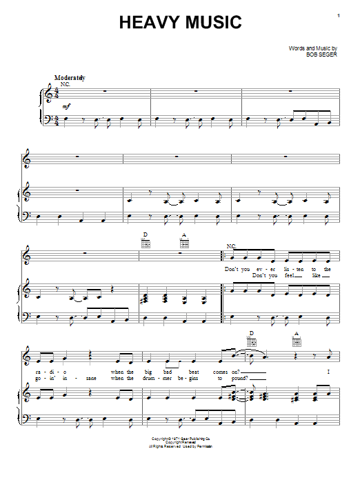 Bob Seger Heavy Music Sheet Music Notes & Chords for Piano, Vocal & Guitar (Right-Hand Melody) - Download or Print PDF