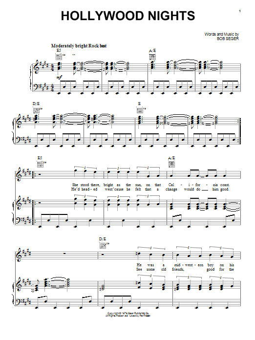 Bob Seger Hollywood Nights Sheet Music Notes & Chords for Piano, Vocal & Guitar (Right-Hand Melody) - Download or Print PDF