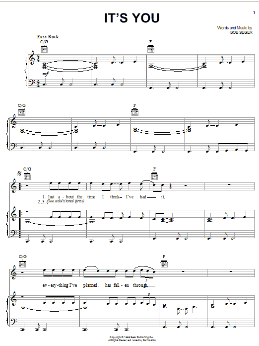 Bob Seger It's You Sheet Music Notes & Chords for Piano, Vocal & Guitar (Right-Hand Melody) - Download or Print PDF Bob Seger It's You Sheet Music Notes & Chords for Piano, Vocal & Guitar (Right-Hand Melody) - Download or Print PDF
