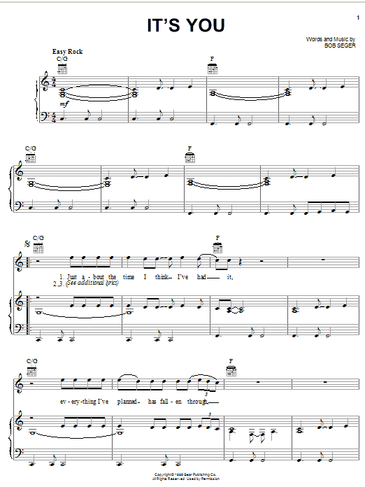 Bob Seger It's You Sheet Music Notes & Chords for Piano, Vocal & Guitar (Right-Hand Melody) - Download or Print PDF