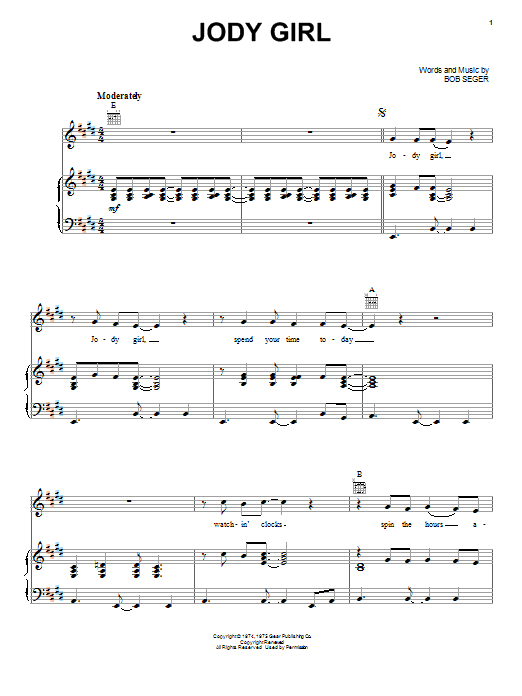 Bob Seger Jody Girl Sheet Music Notes & Chords for Piano, Vocal & Guitar (Right-Hand Melody) - Download or Print PDF
