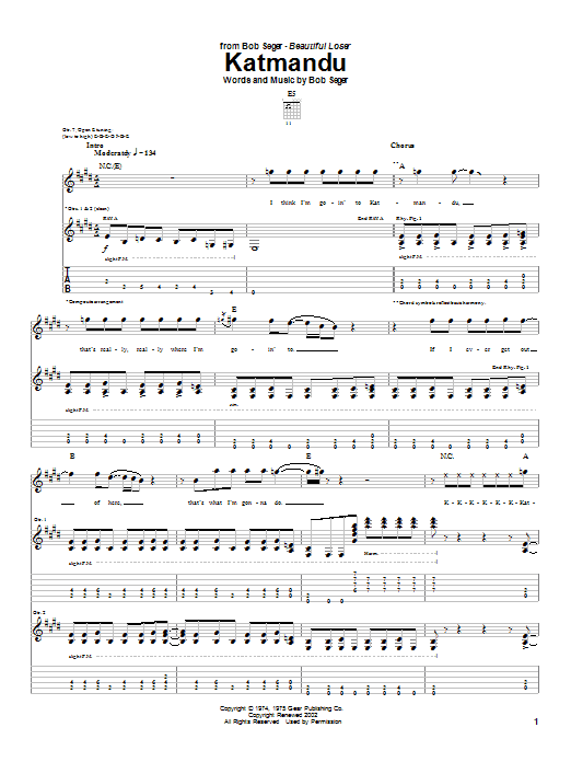 Bob Seger Katmandu Sheet Music Notes & Chords for Easy Guitar Tab - Download or Print PDF Bob Seger Katmandu Sheet Music Notes & Chords for Easy Guitar Tab - Download or Print PDF