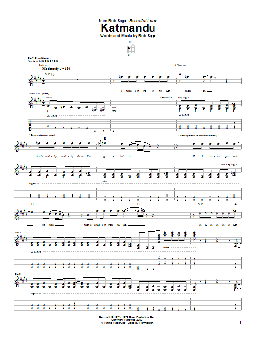 Bob Seger Katmandu Sheet Music Notes & Chords for Piano, Vocal & Guitar (Right-Hand Melody) - Download or Print PDF