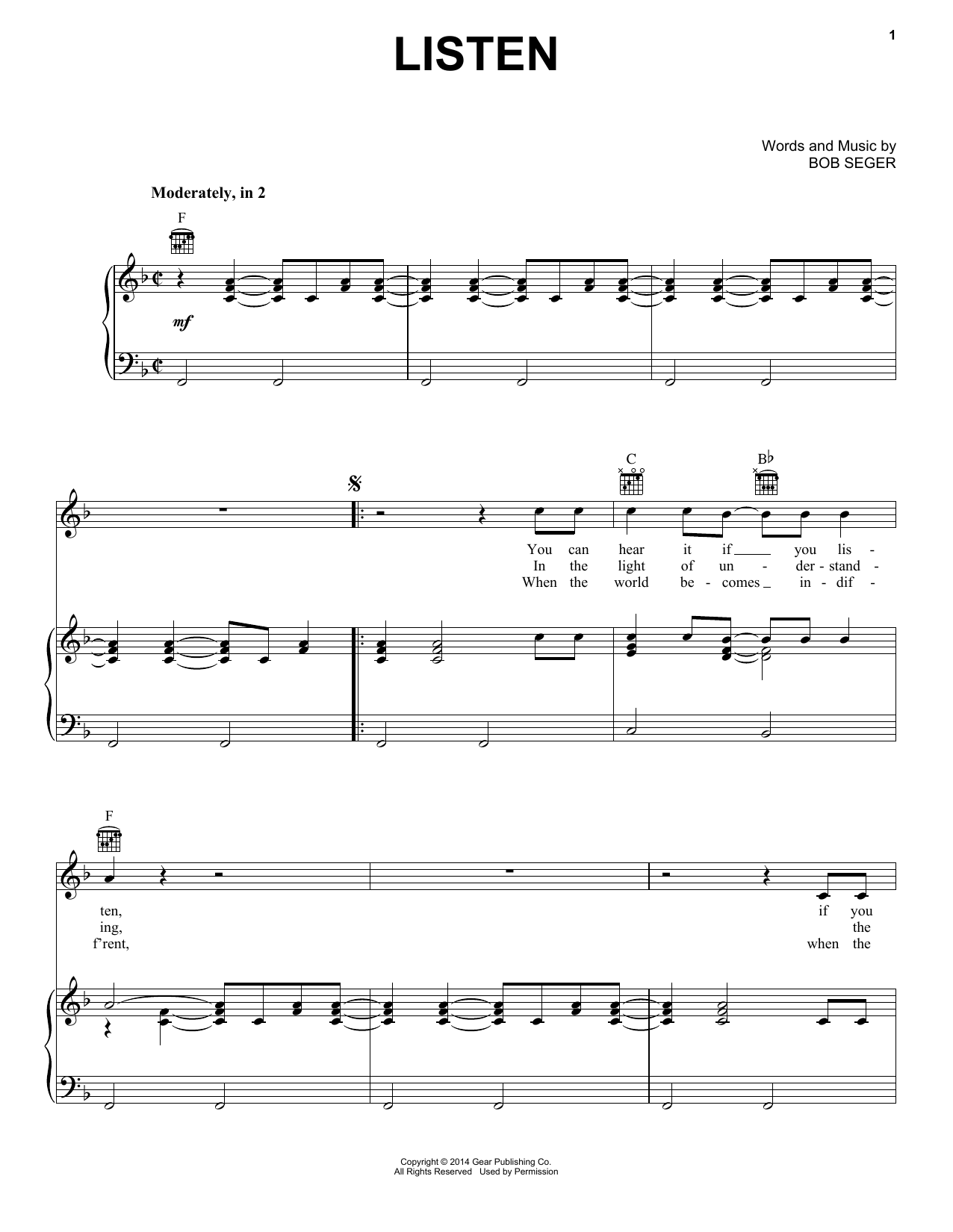 Bob Seger Listen Sheet Music Notes & Chords for Piano, Vocal & Guitar (Right-Hand Melody) - Download or Print PDF