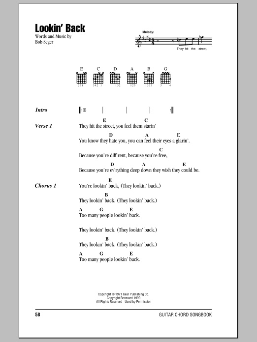 Bob Seger Lookin' Back Sheet Music Notes & Chords for Piano, Vocal & Guitar (Right-Hand Melody) - Download or Print PDF