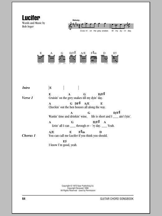 Bob Seger Lucifer Sheet Music Notes & Chords for Lyrics & Chords - Download or Print PDF
