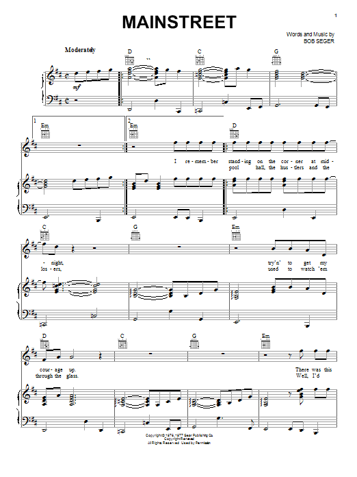 Bob Seger Mainstreet Sheet Music Notes & Chords for Lyrics & Chords - Download or Print PDF