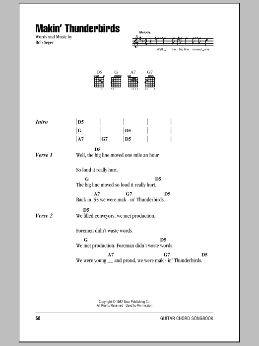 Bob Seger Makin' Thunderbirds Sheet Music Notes & Chords for Lyrics & Chords - Download or Print PDF